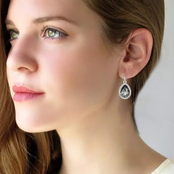 14K White Gold with Charcoal Gray Austrian Crystal Teardrop Halo Hook Earrings